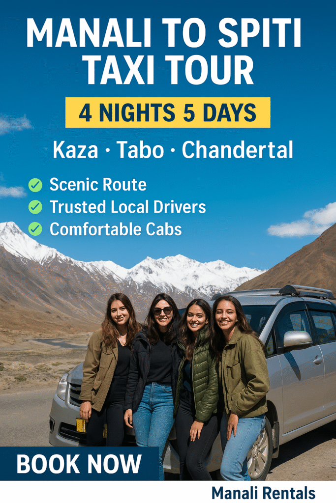 Taxi parked near Tabo Monastery during Manali to Spiti tour – Manali Rentals