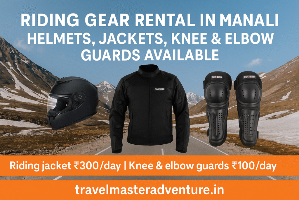 Riding Gear Rental in Manali – Helmet, Riding Jacket Level 2, Knee & Elbow Guards – Affordable Safety Equipment by Travel Master Adventure