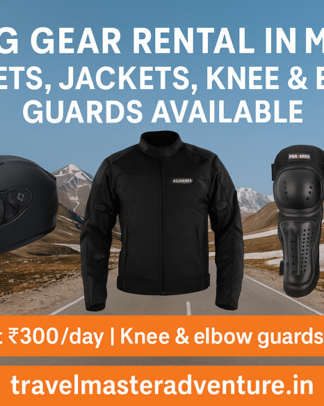 Riding Gear Rental in Manali – Helmet, Riding Jacket Level 2, Knee & Elbow Guards – Affordable Safety Equipment by Travel Master Adventure