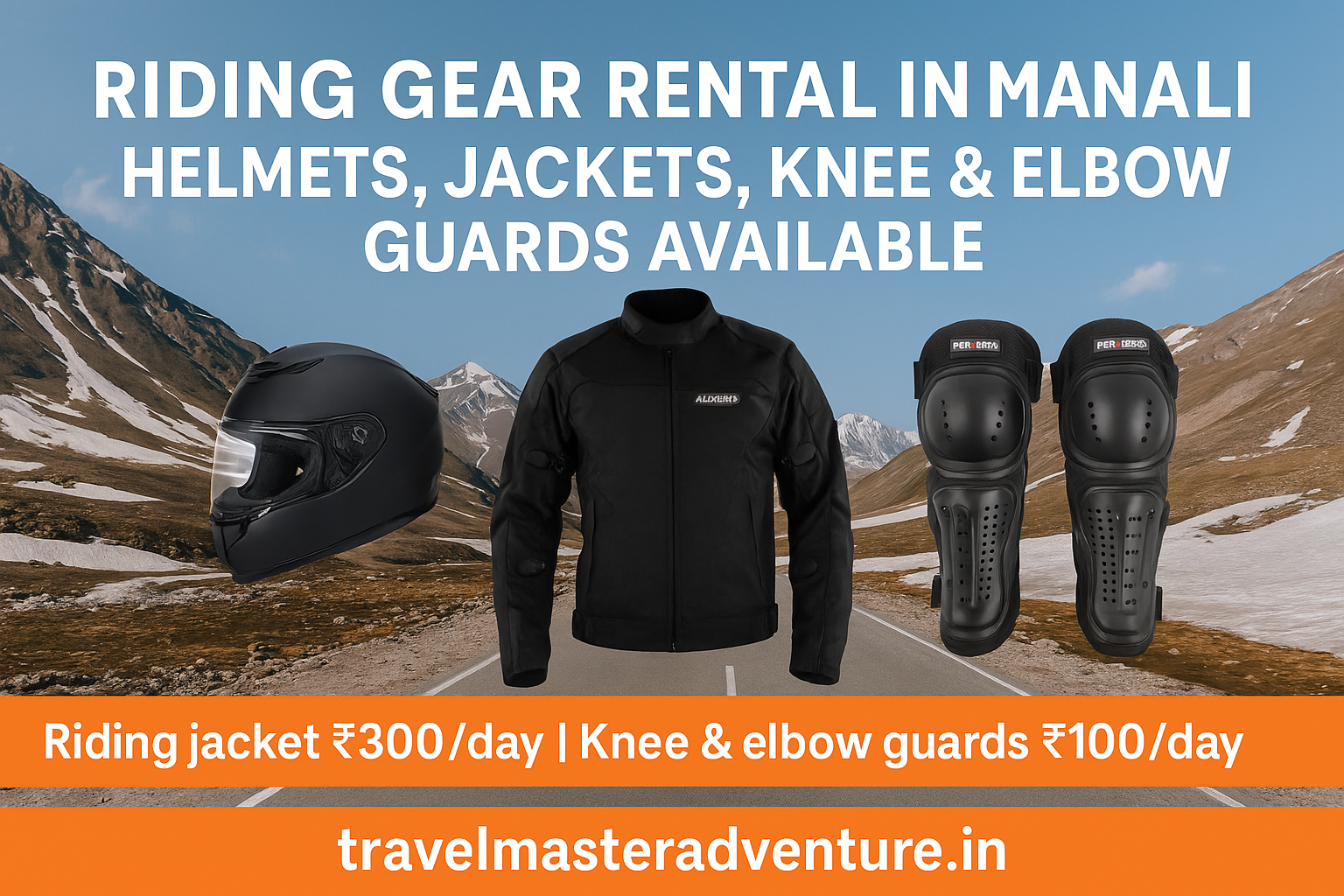 Riding Gear Rental in Manali – Helmet, Riding Jacket Level 2, Knee & Elbow Guards – Affordable Safety Equipment by Travel Master Adventure