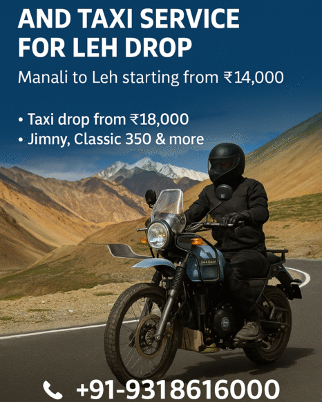 One-way bike rental Manali to Leh – Royal Enfield, taxi drop available by Travel Master Adventure