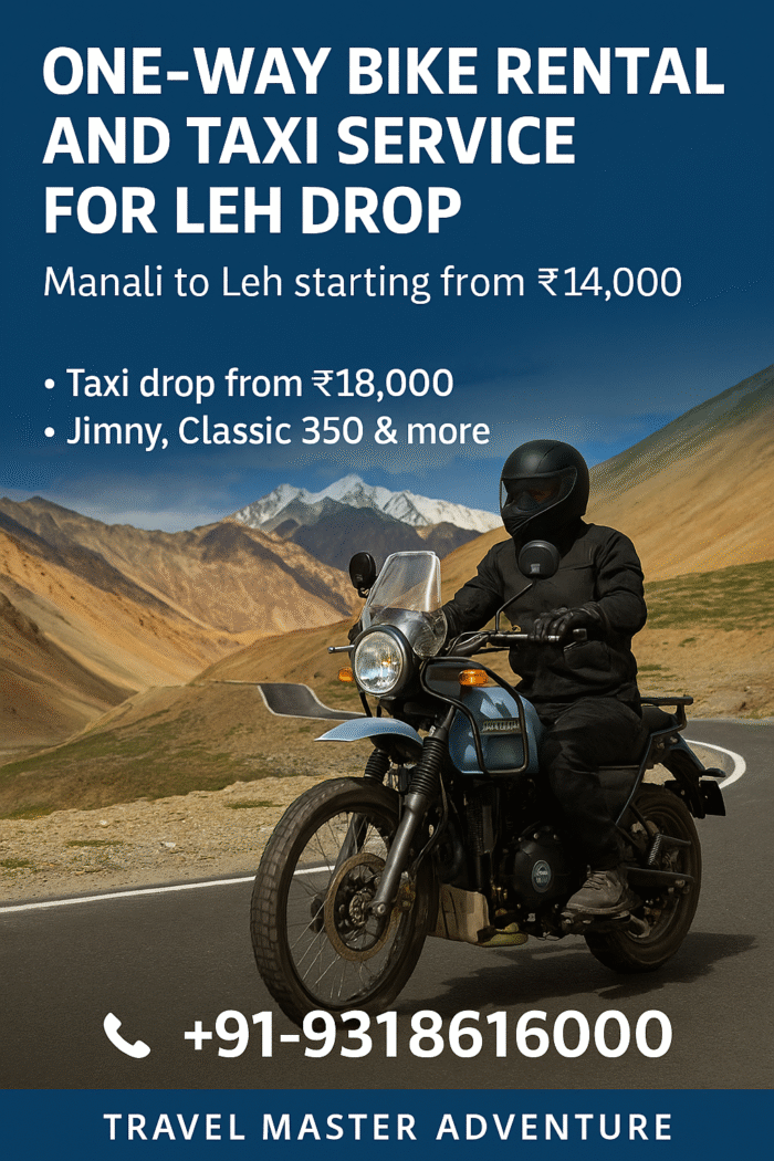 One-way bike rental Manali to Leh – Royal Enfield, taxi drop available by Travel Master Adventure