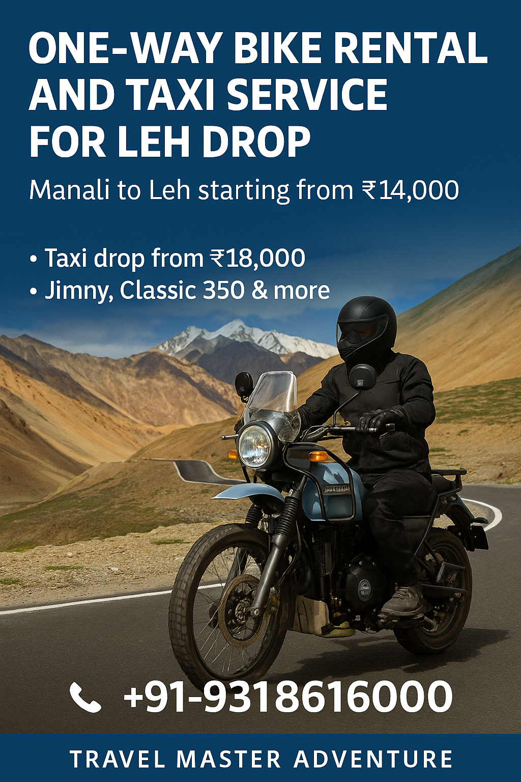 One-way bike rental Manali to Leh – Royal Enfield, taxi drop available by Travel Master Adventure