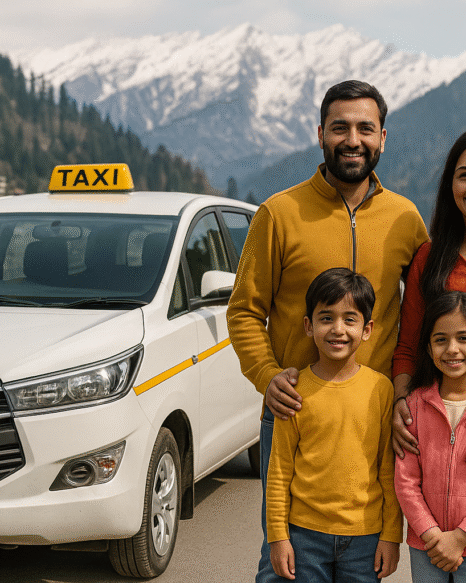 Family taxi service in Manali by Travel Master Adventure – smiling family with Innova Crysta taxi against snowy Himalayan mountains.