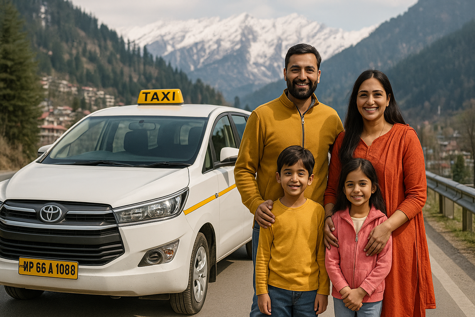 Family taxi service in Manali by Travel Master Adventure – smiling family with Innova Crysta taxi against snowy Himalayan mountains.