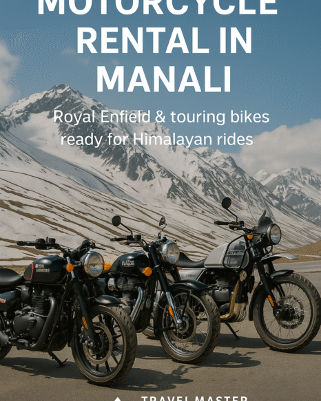 Motorcycle rental in Manali by Travel Master Adventure – lineup of Royal Enfield bikes with snow-capped Himalayan mountains in the background.