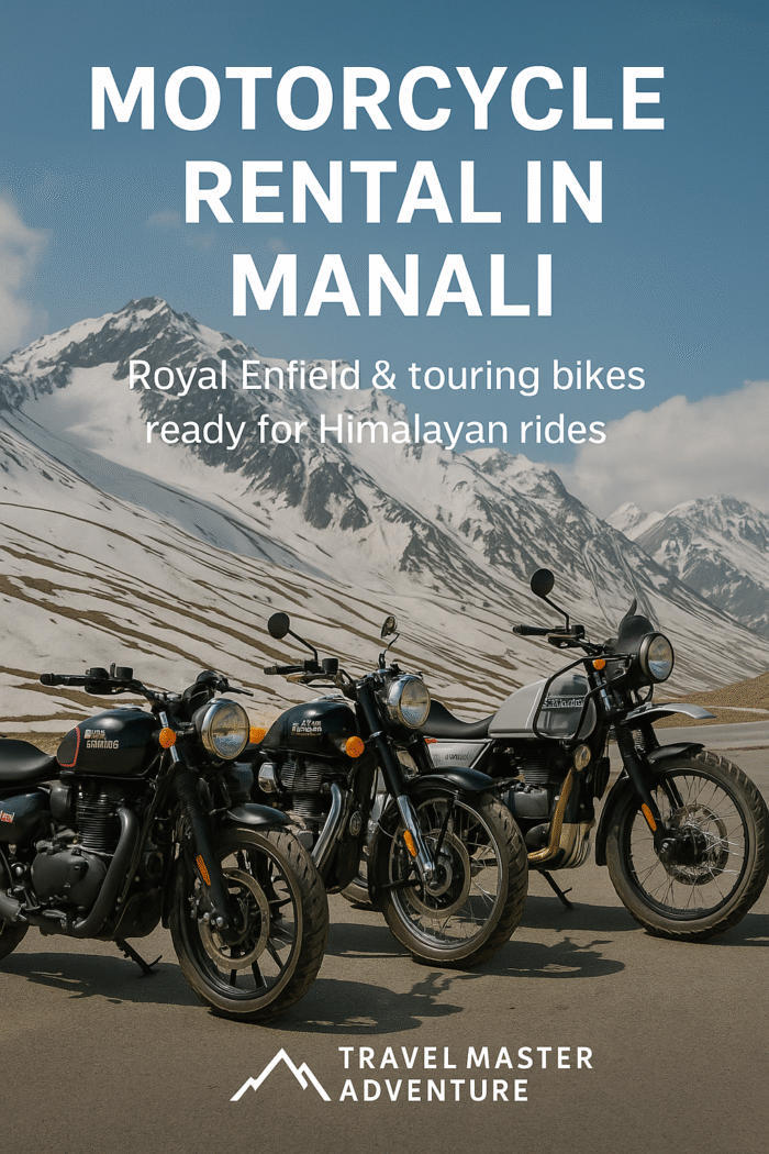 Motorcycle rental in Manali by Travel Master Adventure – lineup of Royal Enfield bikes with snow-capped Himalayan mountains in the background.
