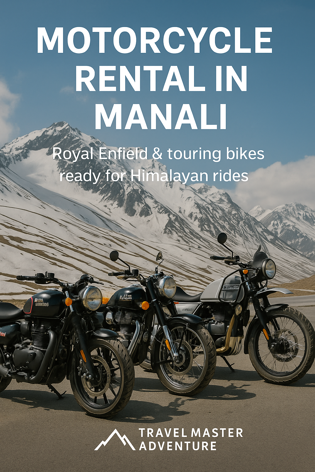 Motorcycle rental in Manali by Travel Master Adventure – lineup of Royal Enfield bikes with snow-capped Himalayan mountains in the background.