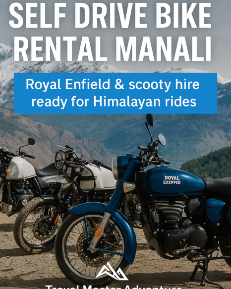 Self drive bike rental in Manali by Travel Master Adventure – Royal Enfield motorcycles with HP66 plates parked near Himalayan mountains, ready for tourists.