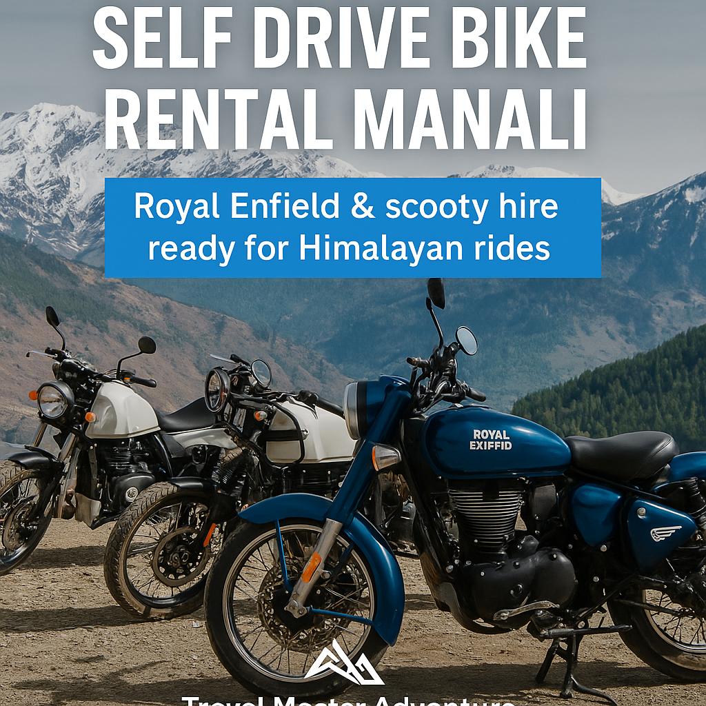 Self drive bike rental in Manali by Travel Master Adventure – Royal Enfield motorcycles with HP66 plates parked near Himalayan mountains, ready for tourists.