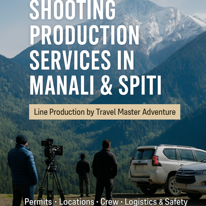 Shooting production services in Manali & Spiti by Travel Master Adventure – film crew with cameras, lights, and SUVs at a dramatic Himalayan location.