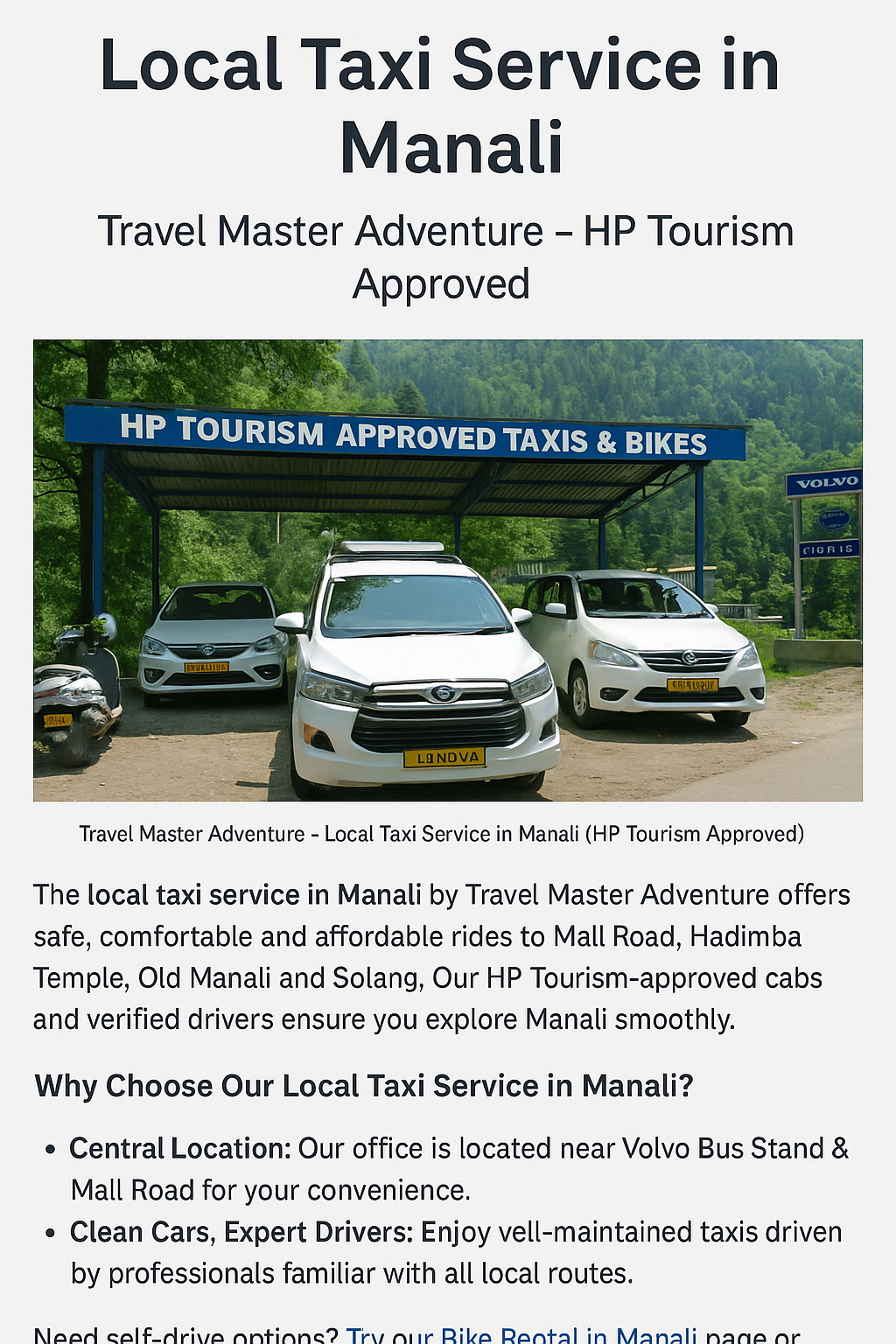 Travel Master Adventure (TMA Taxi) offers HP Tourism approved local taxi service in Manali with verified drivers, clean cabs and transparent pricing for city rides and sightseeing.