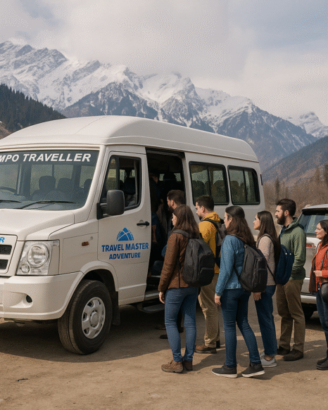 Group taxi booking in Manali by Travel Master Adventure – a Tempo Traveller with HP commercial plates parked near pine forests, with a large family and friends group boarding for sightseeing.