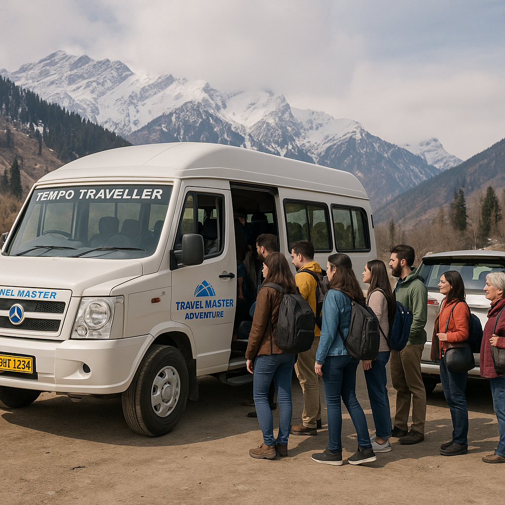 Group taxi booking in Manali by Travel Master Adventure – a Tempo Traveller with HP commercial plates parked near pine forests, with a large family and friends group boarding for sightseeing.