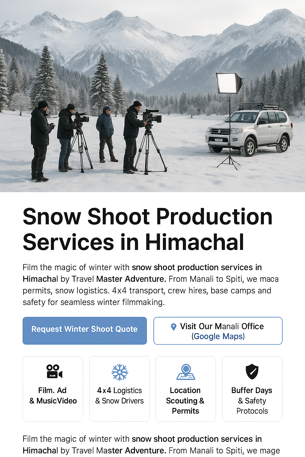 Snow shoot production services in Himachal by Travel Master Adventure – film crew with cameras and lighting equipment in a snowy Himalayan landscape with 4×4 SUVs and Tempo Traveller nearby.
