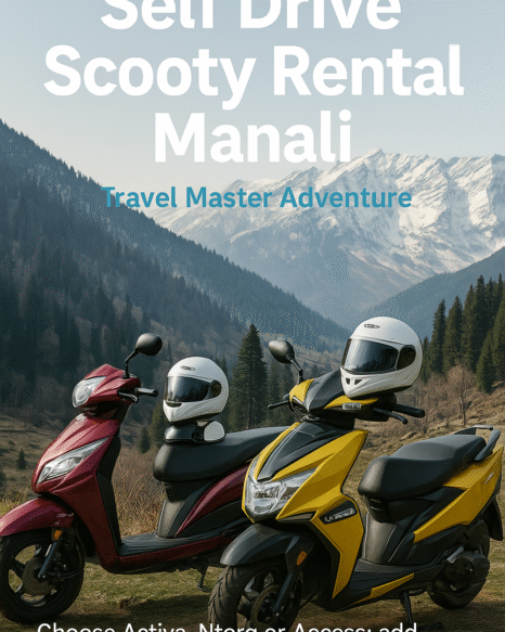 Self drive scooty rental in Manali by Travel Master Adventure – Honda Activa and TVS Ntorq parked with helmets near snowy Himalayan peaks and pine forests.