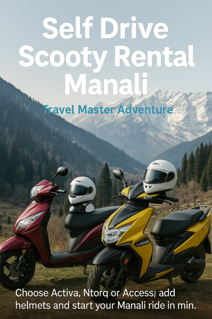 Self drive scooty rental in Manali by Travel Master Adventure – Honda Activa and TVS Ntorq parked with helmets near snowy Himalayan peaks and pine forests.