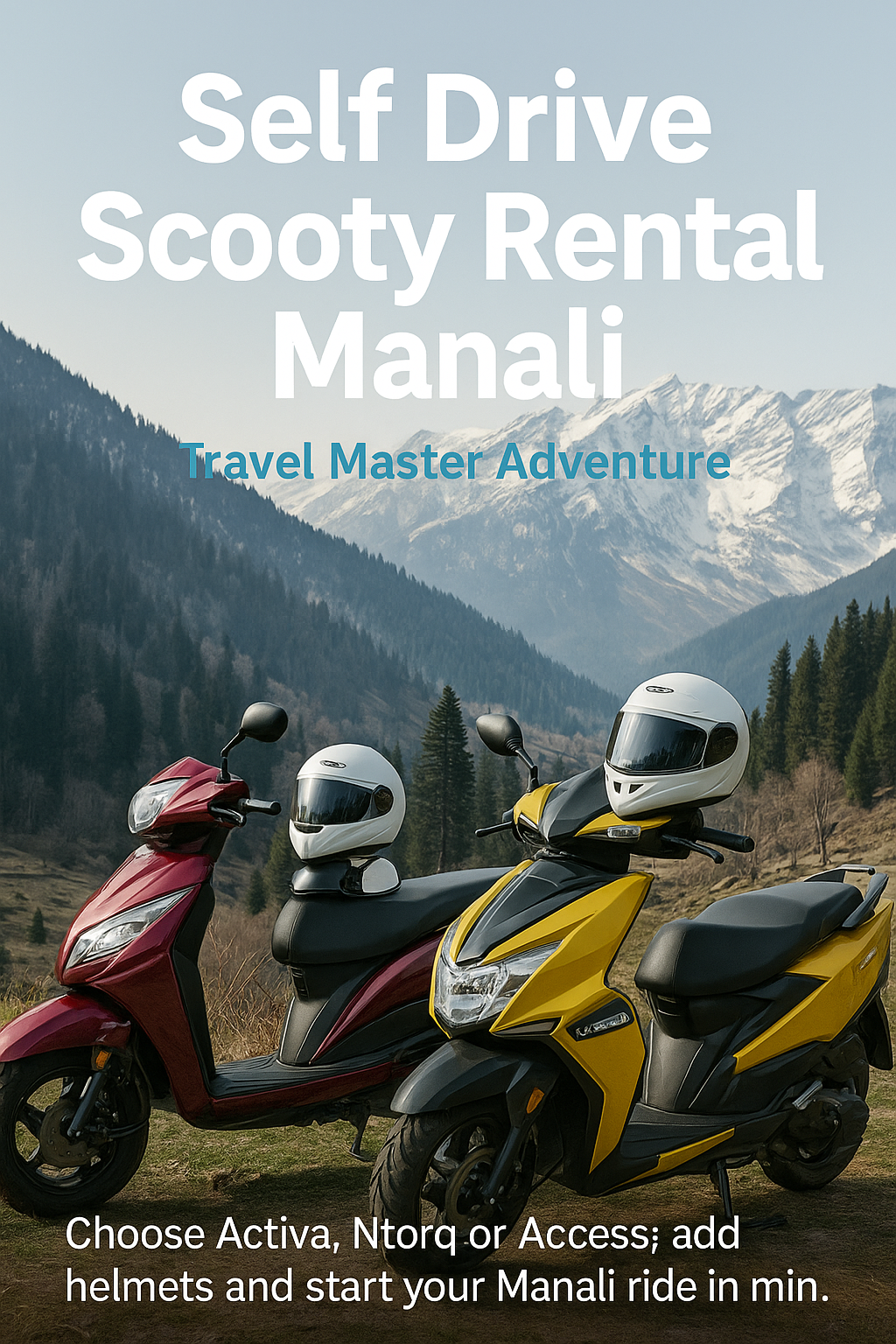 Self drive scooty rental in Manali by Travel Master Adventure – Honda Activa and TVS Ntorq parked with helmets near snowy Himalayan peaks and pine forests.